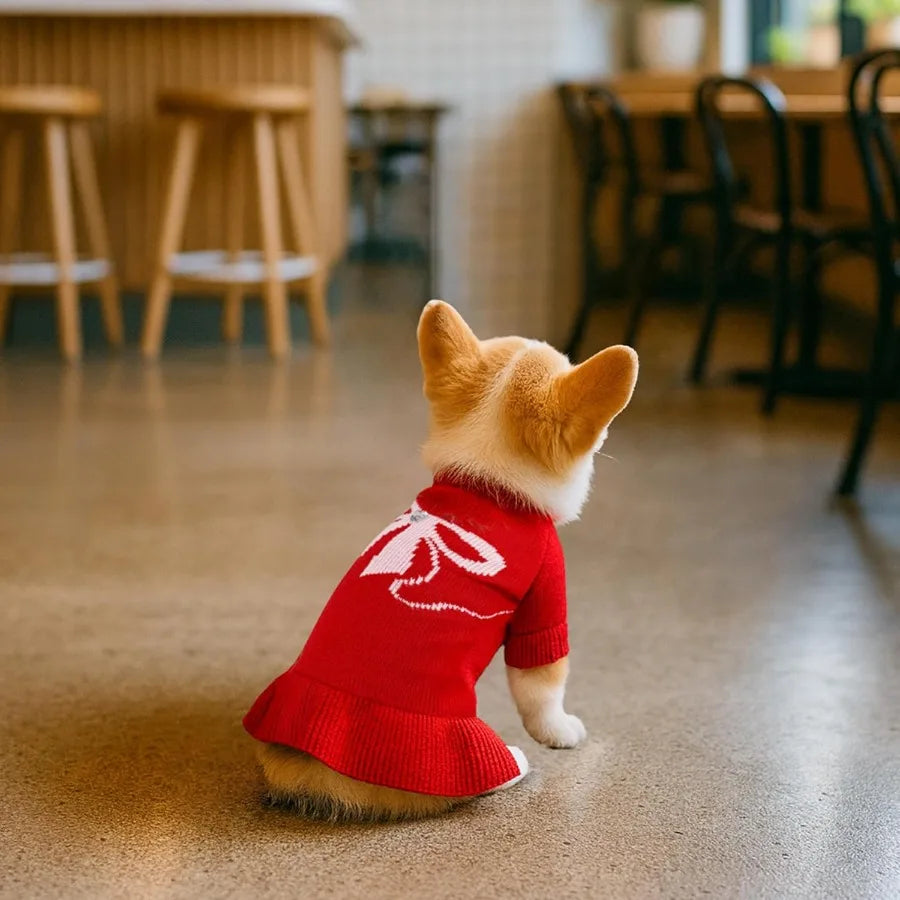 Bowknot Pet Sweater Dress for Small Pets Girl Stretchy Pet Sweaters Pullover Coats Fall Winter Warm Dog Turtleneck Sweater Red