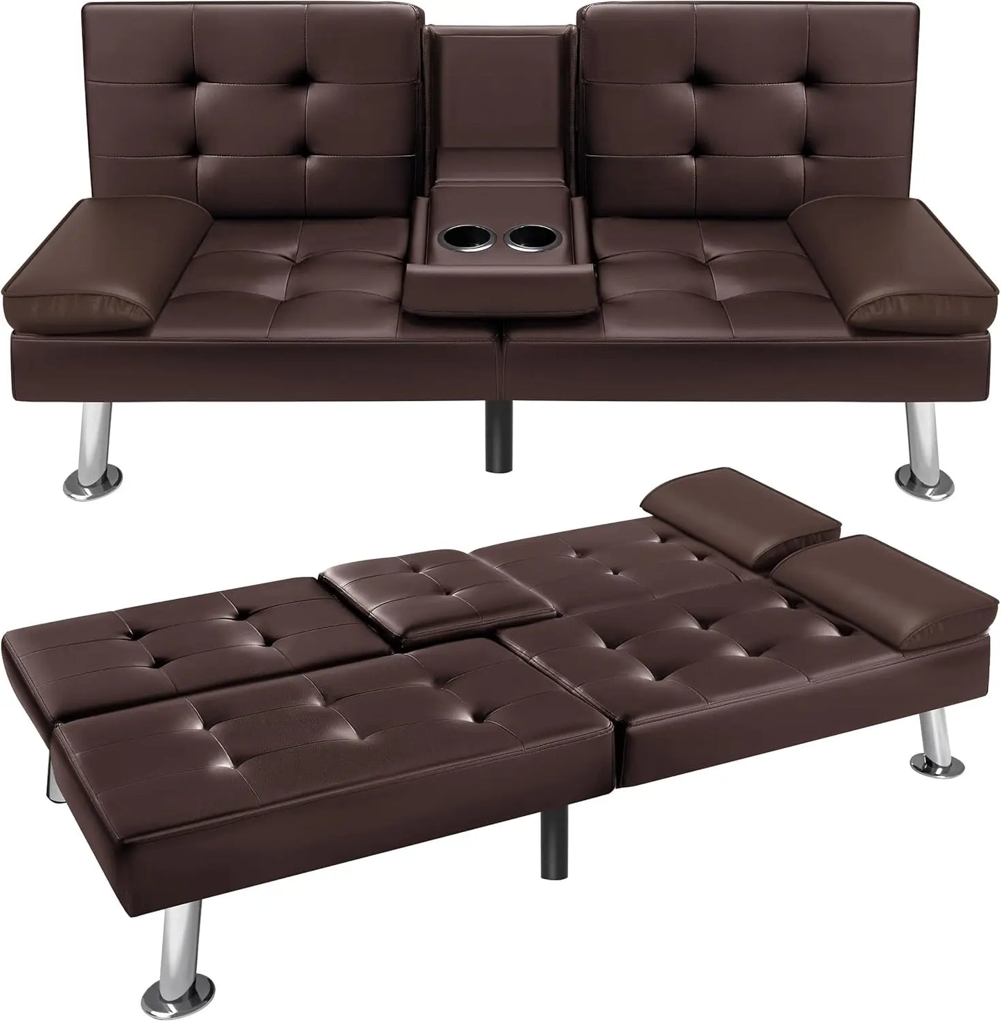 Futon Sofa Bed Modern Faux Leather Couch Bed Convertible Folding Recliner for Living Room with 2 Cup Holders and Armrest