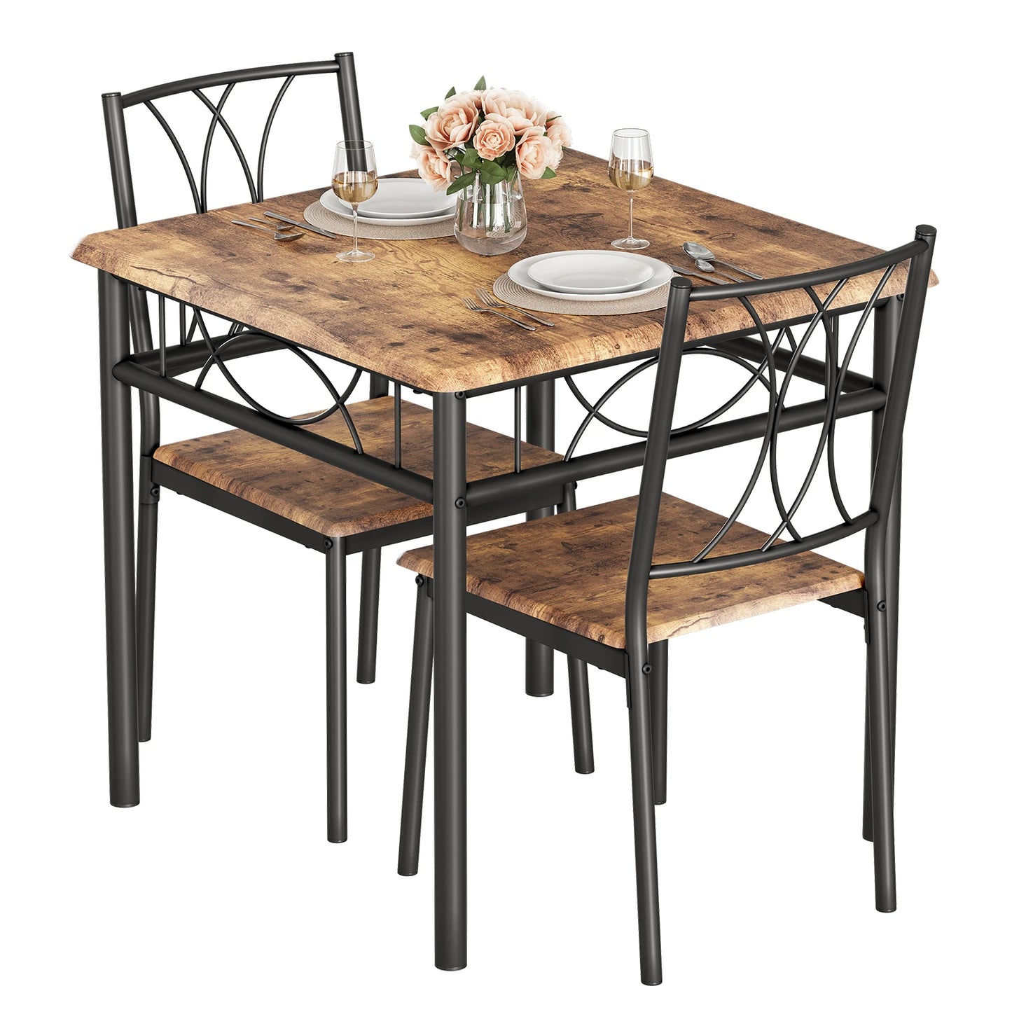 Dining Table Set for 2, Kitchen Table and Chairs, Square Dining Room Table Set with Metal and Wood Chairs