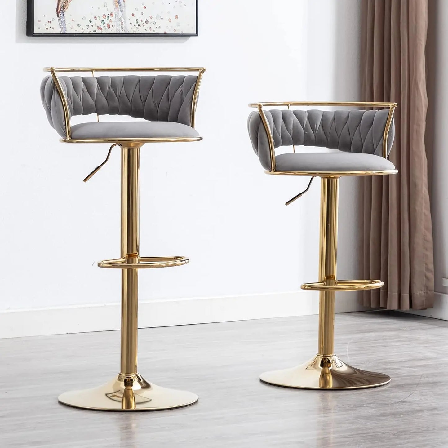 Velvet Adjustable Bar Stools Set of 2, Max Load 400 Lbs, Modern Upholstered Swivel Barstools with Woven Back, Footrests, Adjust