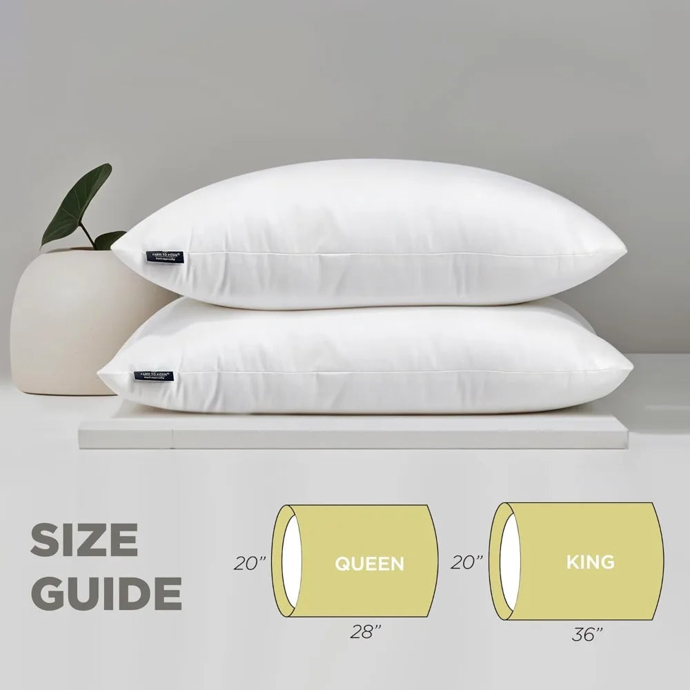 100% Organic Cotton Bed Pillows Queen Size Set of 2 - Down Alternative Hotel Quality White Bedding for Back and Side Sleepers,20