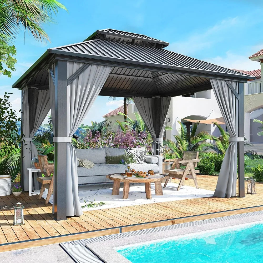 Aluminum Framed Hardtop Gazebo with Double Galvanized Steel Roof, Curtains, and Netting