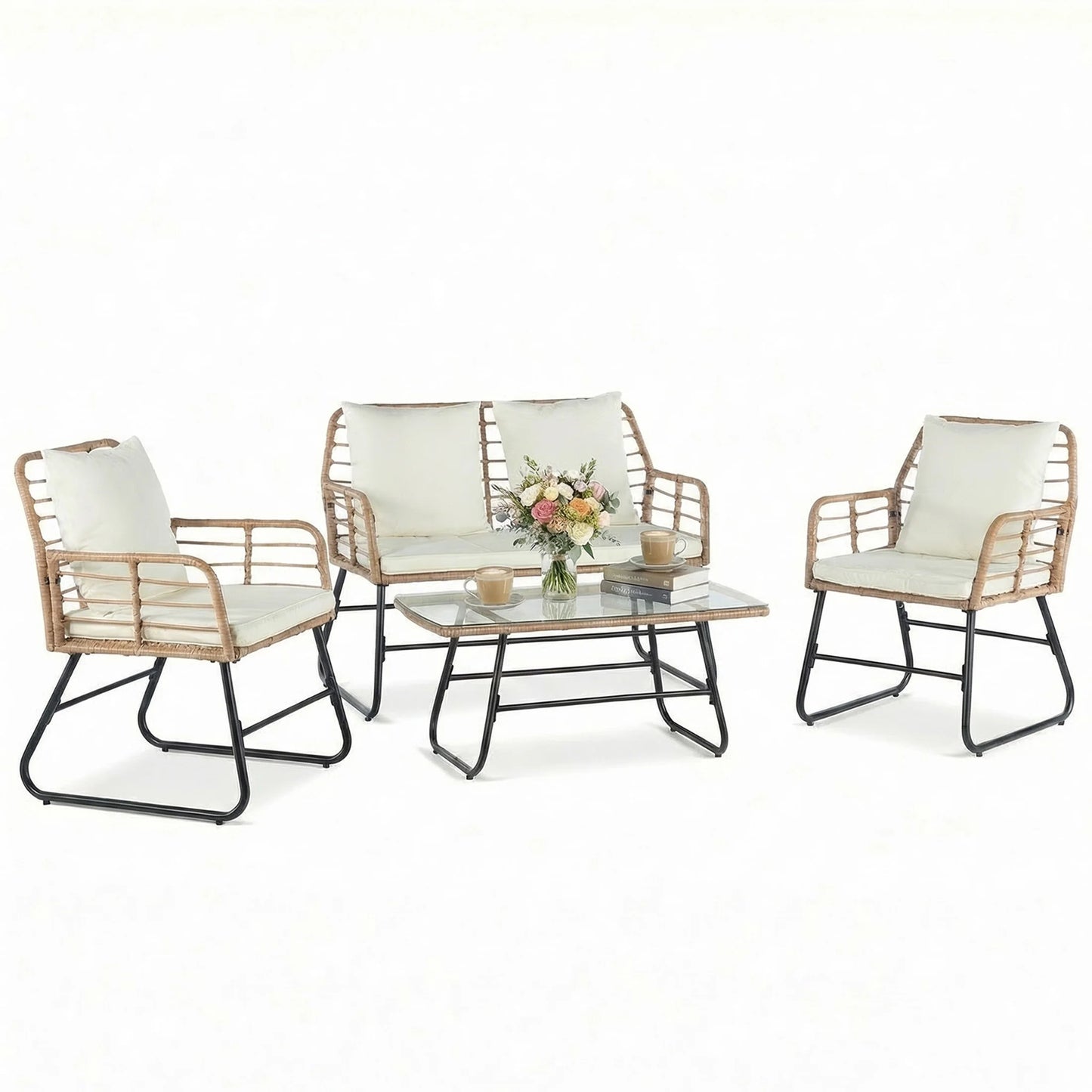 Outdoor Wicker Patio Furniture Set 4 Pieces with Soft Cushion and Glass Table Manual Weaving Patio Chairs For Garden Lawn