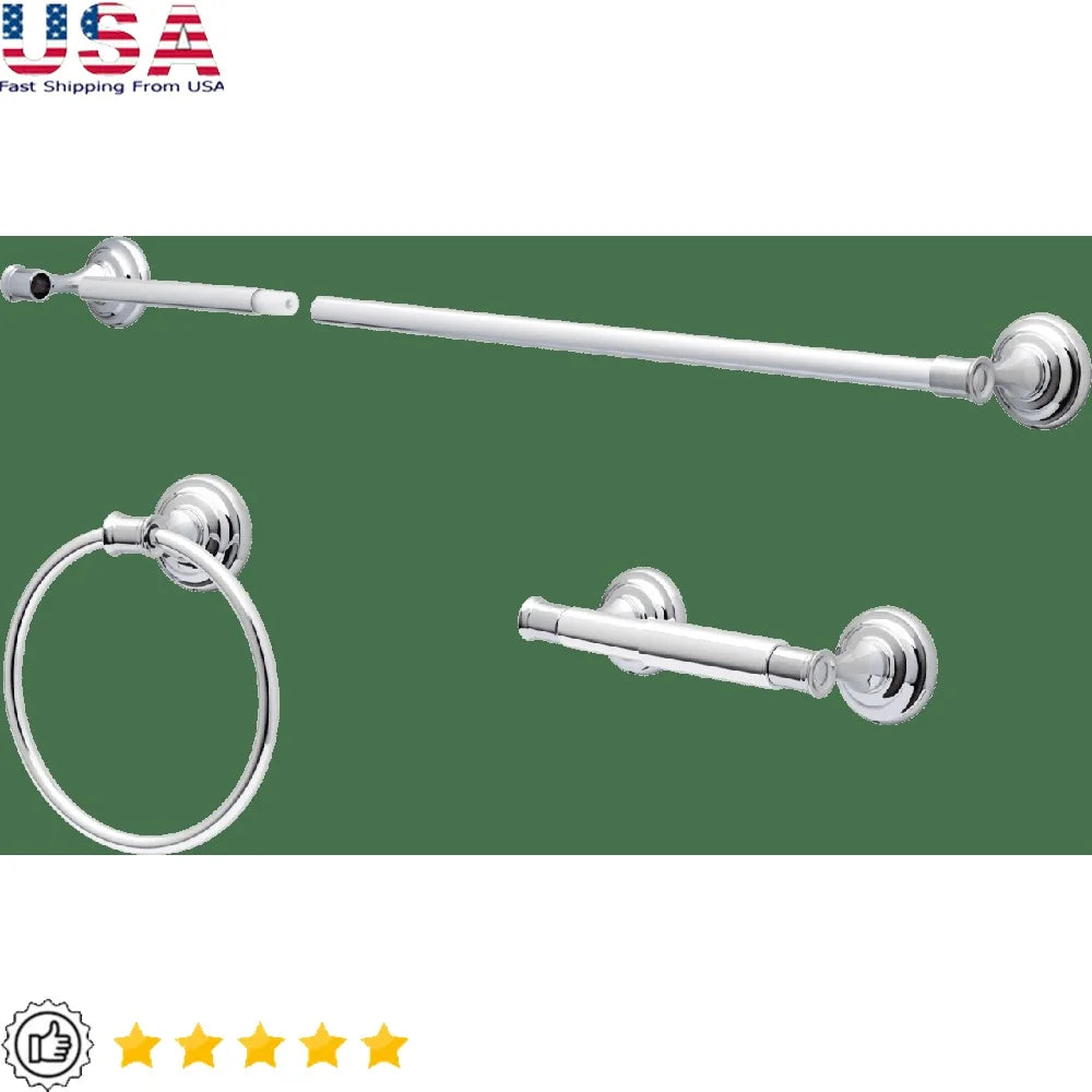 3-Piece Bathroom Accessory Set Chrome Towel Bar Toilet Paper Holder Towel Ring Wall-Mount