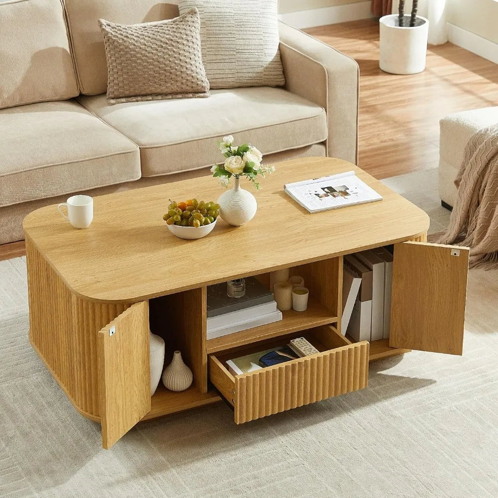 Modern Oval Coffee Table with Storage for Living Room, Fluted Design, 2 Drawers, Open Shelf, and 2 Compartments
