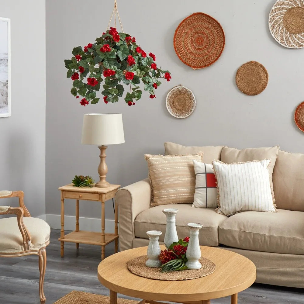 24” Begonia Flower Artificial Plant in Hanging Basket Home Decor.