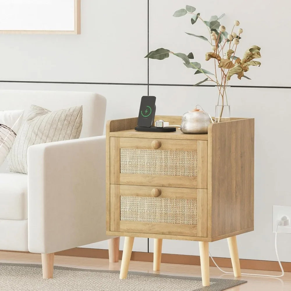 Rattan Nightstand with Charging Station Set of 2