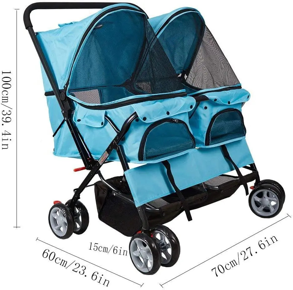 Double Pet Stroller, Foldable Double Dog Stroller for 2 Dogs Cats with 4 Wheels, Twin Walk Jogger Travel Pet Carriage Cart