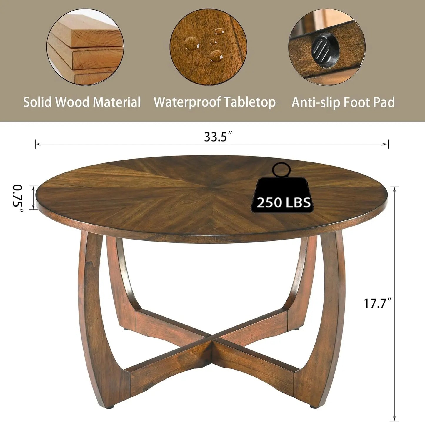Mid Century Modern Round Walnut Coffee Tables, 33.5" Dia. Circle Drum Coffee Table