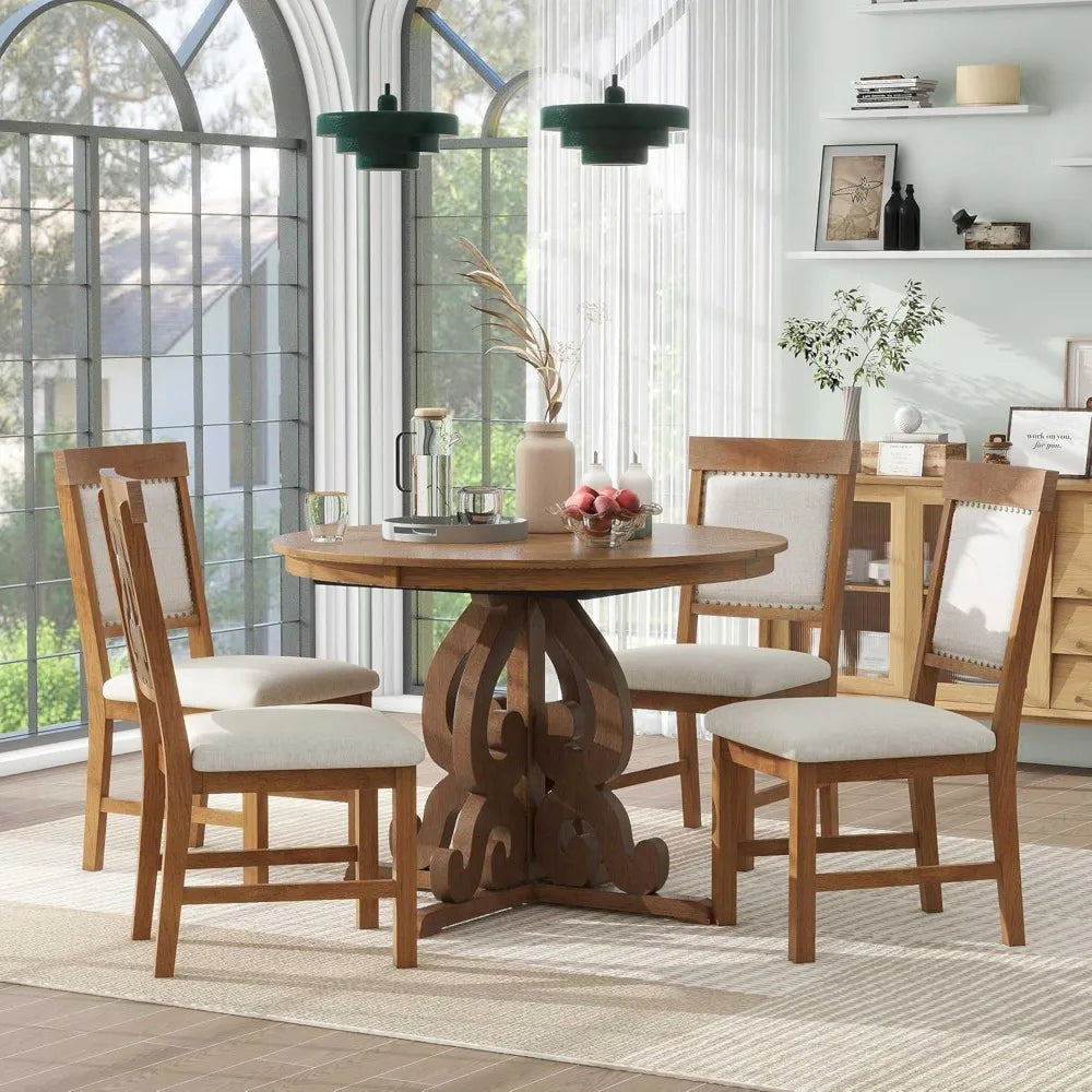 5-piece retro functional dining set, solid wood extendable dining table with a 16-inch leaf and 4 upholstered chairs