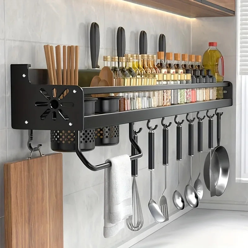 Wall-mounted Spice Storage Rack With Hooks, Hanging Tableware & Utensils Holder, Space Saving Storage