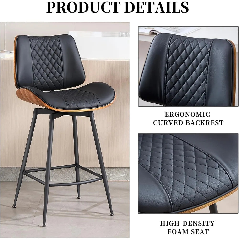 Swivel Bar Stools Set of 2,26.8"Counter Height Barstools in Modern Style,Armless Walnut Pub Chair PU Leather Bentwood