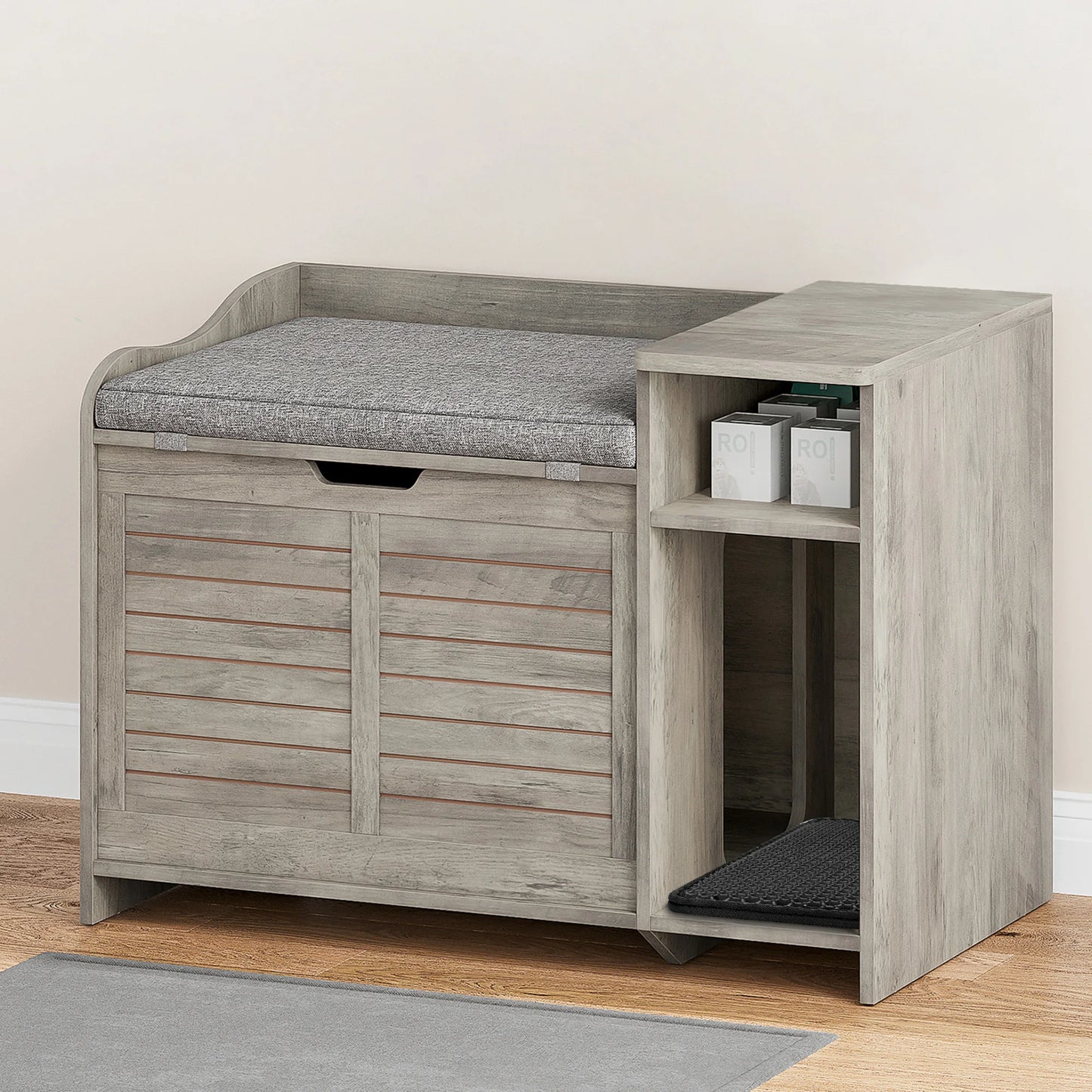 Cat Litter Box Furniture Hidden, Wood Litter Box Enclosure Pet Crate Cat with Cat Scratch Pad Litterbox Furniture Easy Assembly