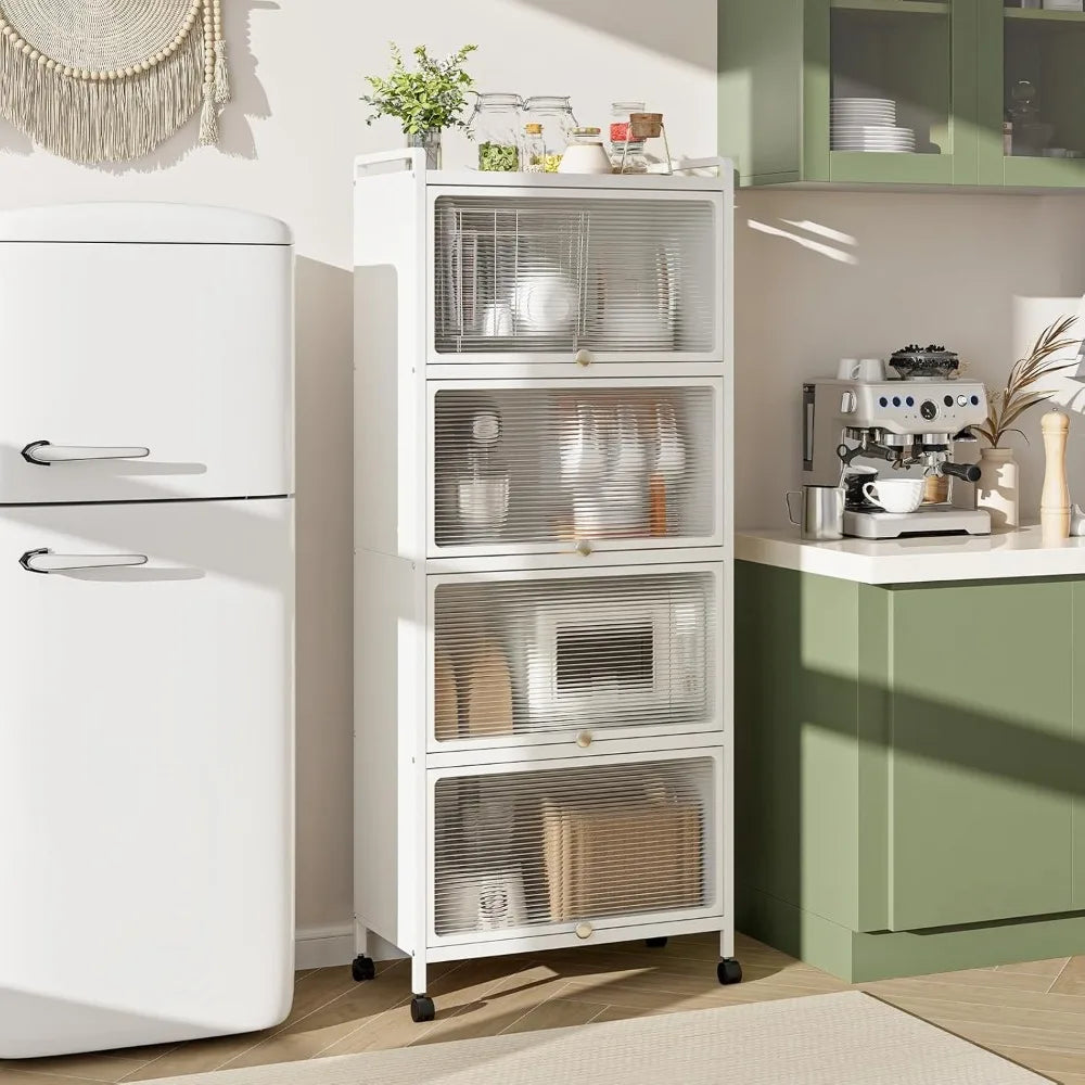 5-Tier Mobile Kitchen Storage Cabinet, Flip Door Cabinets, Bread Rack, Coffee Stand, Bakers Rack with 4 Lockable Casters for Di
