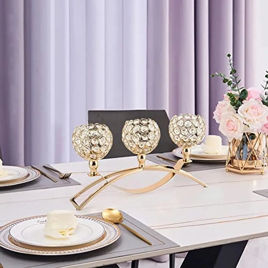 Gold Candle Holders for Table Centerpieces,Tealight Candlestick, Candelabra Stand, 3 Arms for dining room