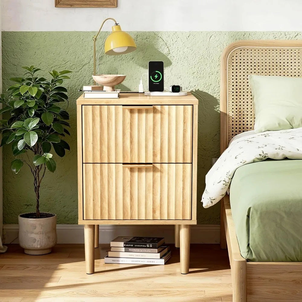 Nightstands Set of 2 with Fabric Drawers, Fluted Nightstands with Charging Station,