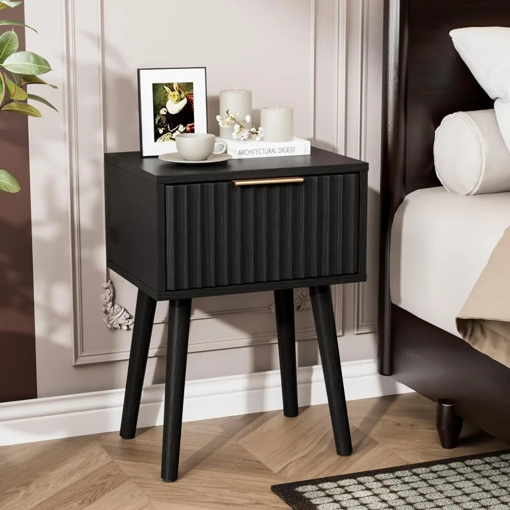 Nightstands Set of 2 with Fabric Drawers, Fluted Nightstands with Charging Station,