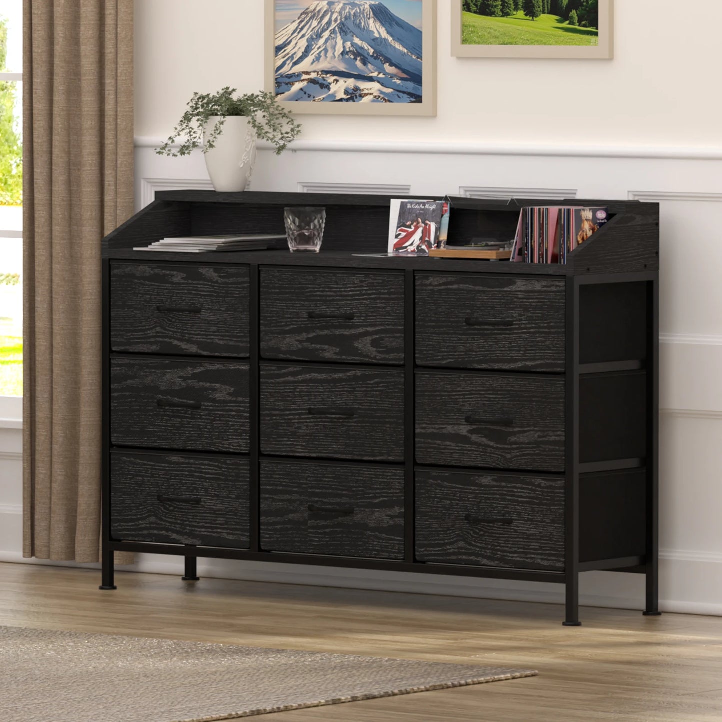 Dresser for Bedroom, 9 Drawers Dresser with LED Lights & Charging Station-Black