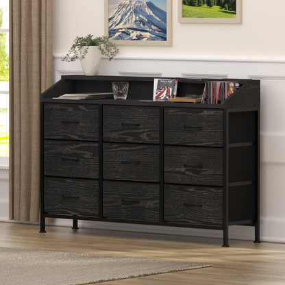 Dresser for Bedroom, 9 Drawers Dresser with LED Lights & Charging Station-Black