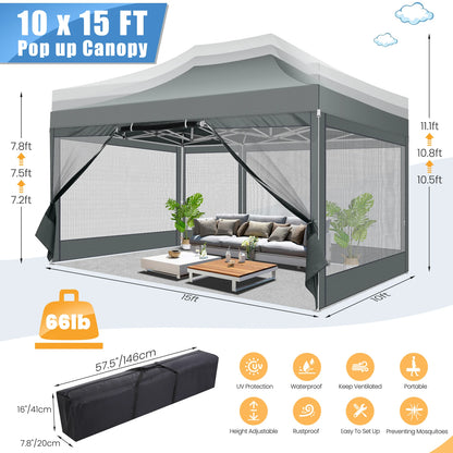 10x15 FT Heavy Duty Pop Up Canopy with 4 Sidewalls, Commercial Gazebo Party Tent with Mosquito Netting Wall Easy Set Up Outdoor