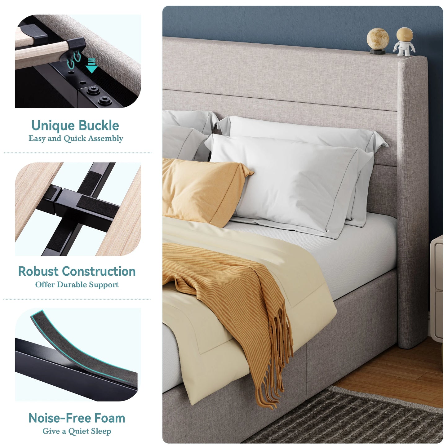 Lift Up Storage Bed with Wingback Headboard/Heavy-Duty Hydraulic Bed/Large Underneath Storage Allewie