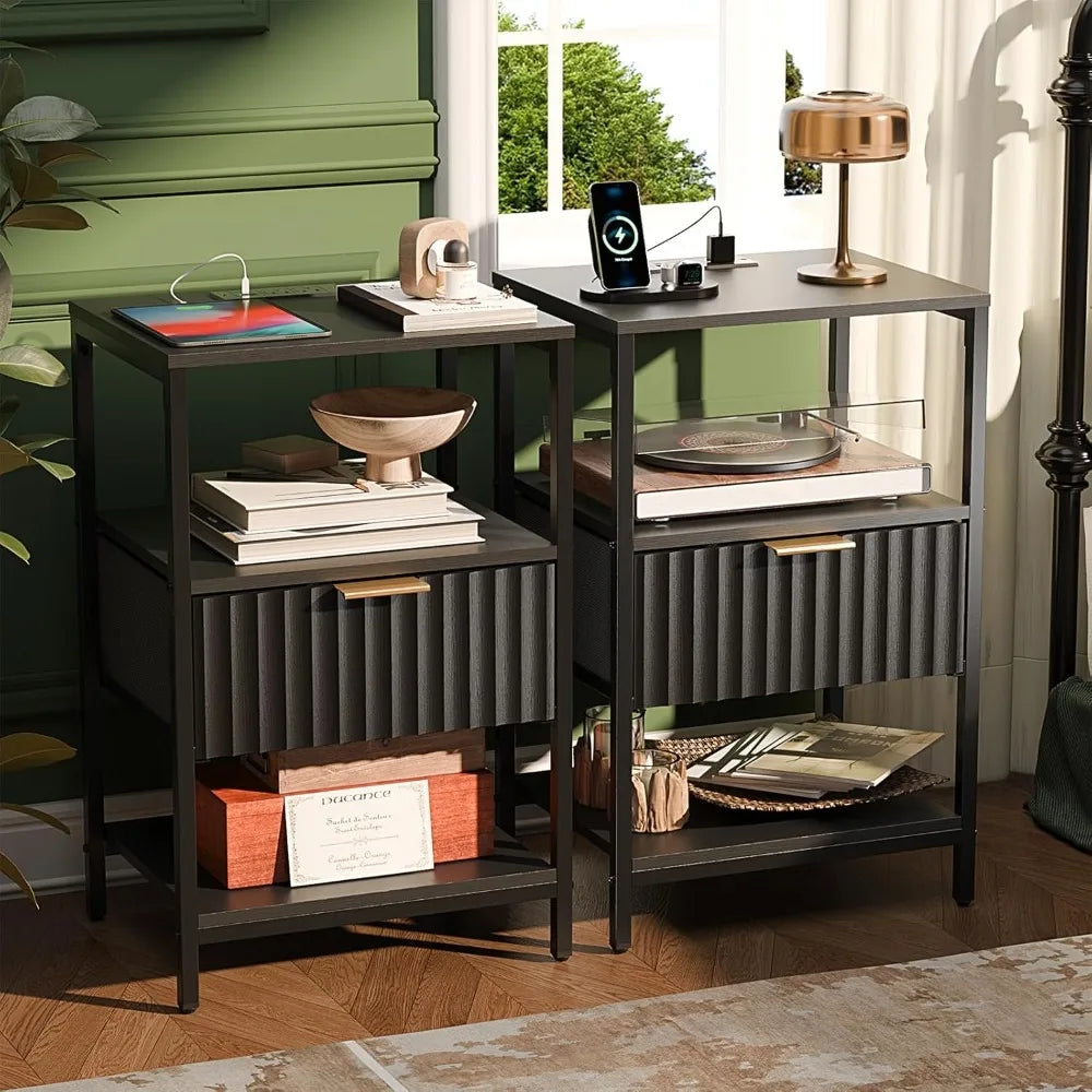 Nightstands Set of 2 with Fabric Drawers, Fluted Nightstands with Charging Station,