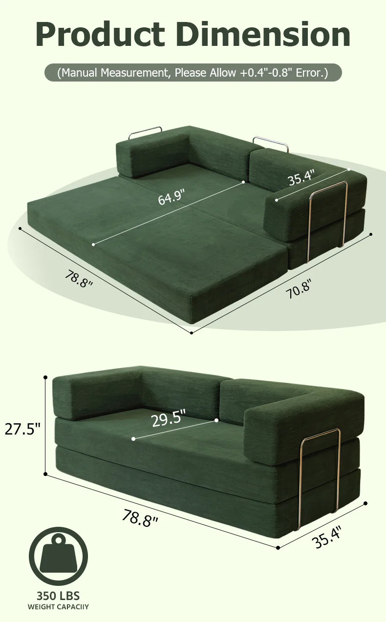 Futon Sofa Bed light or dark gray Convertible Couch 4-in-1 Folding Corduroy Boneless Sleeper Loveseat for Living Room