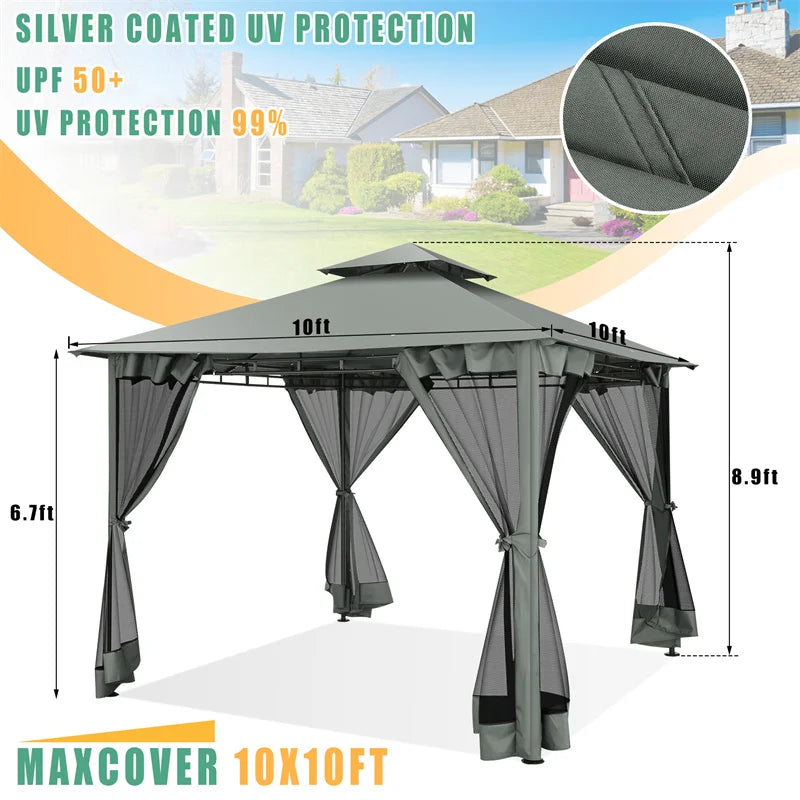 10×10 Gazebo with Cold-Proof Curtains Nettings,Heavy Duty Gazebo Double Roof with Metal Frame,Tents for Patio, Deck,Backyard