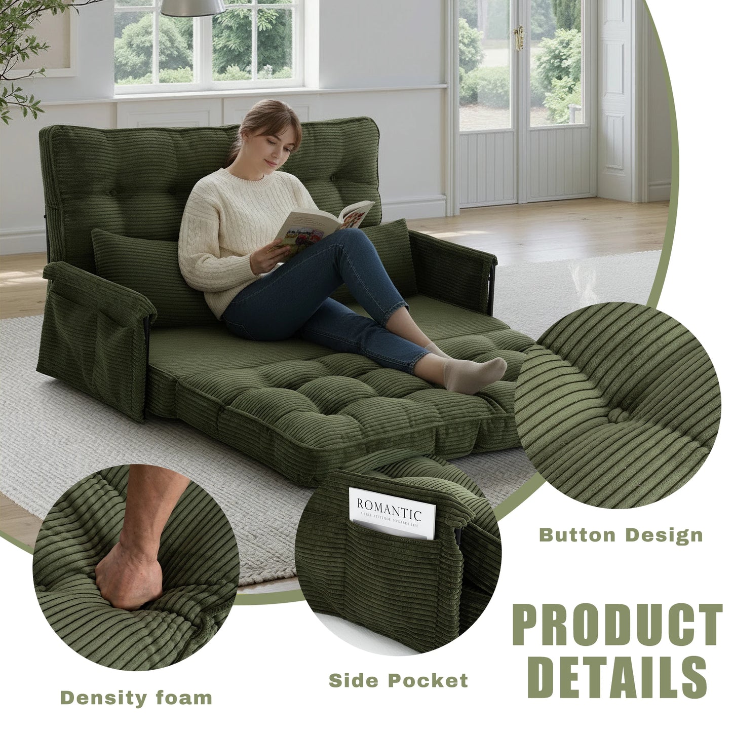 Corduroy Convertible Sofa Bed Foldable Single Couch with Pillows Adjustable Backrest for Small Apartment Bedroom