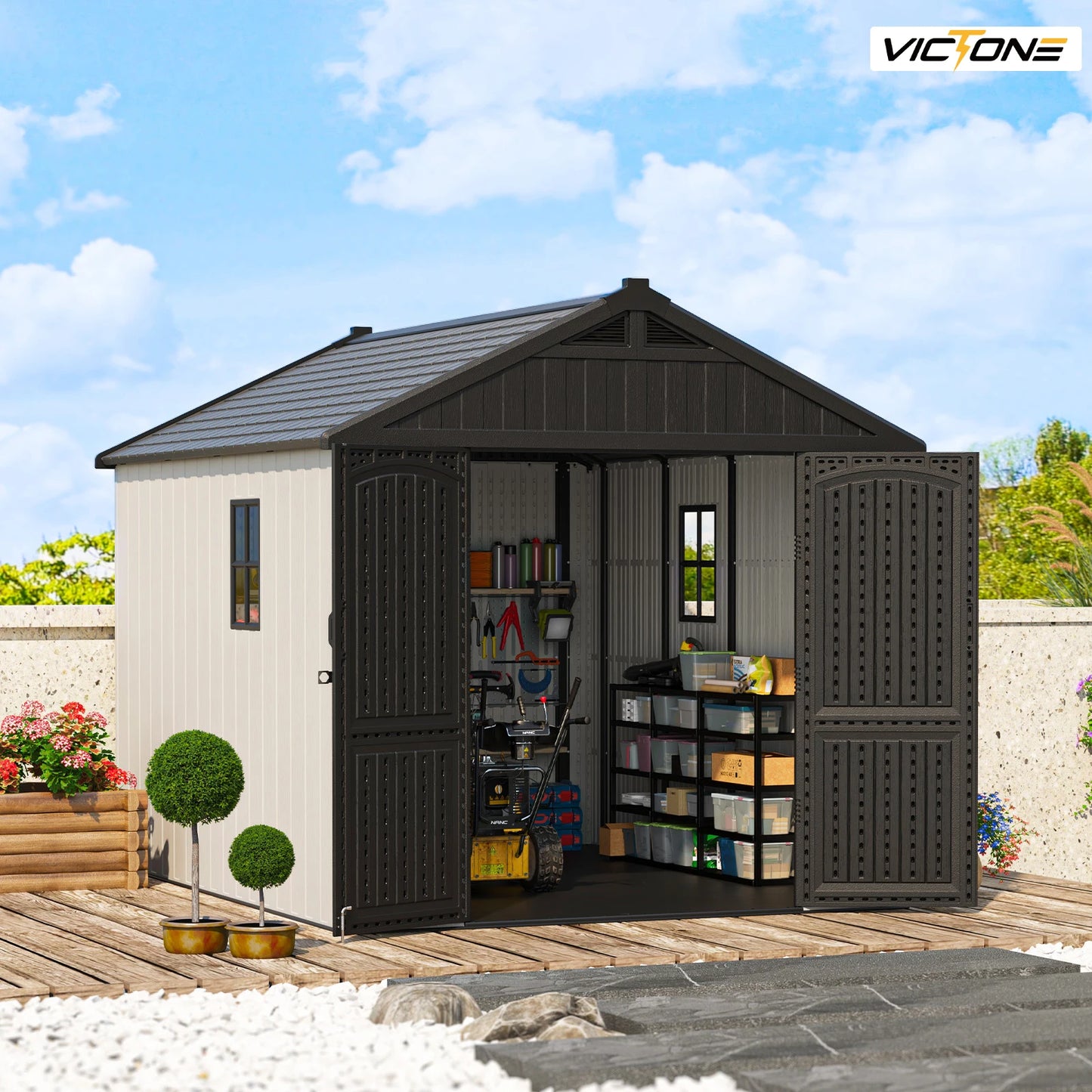 8' X 10' Plastic Outdoor Storage Shed with Floor, Resin shed With Window And Lockable Door For Garden, Backyard, Beige