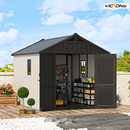 8' X 10' Plastic Outdoor Storage Shed with Floor, Resin shed With Window And Lockable Door For Garden, Backyard, Beige