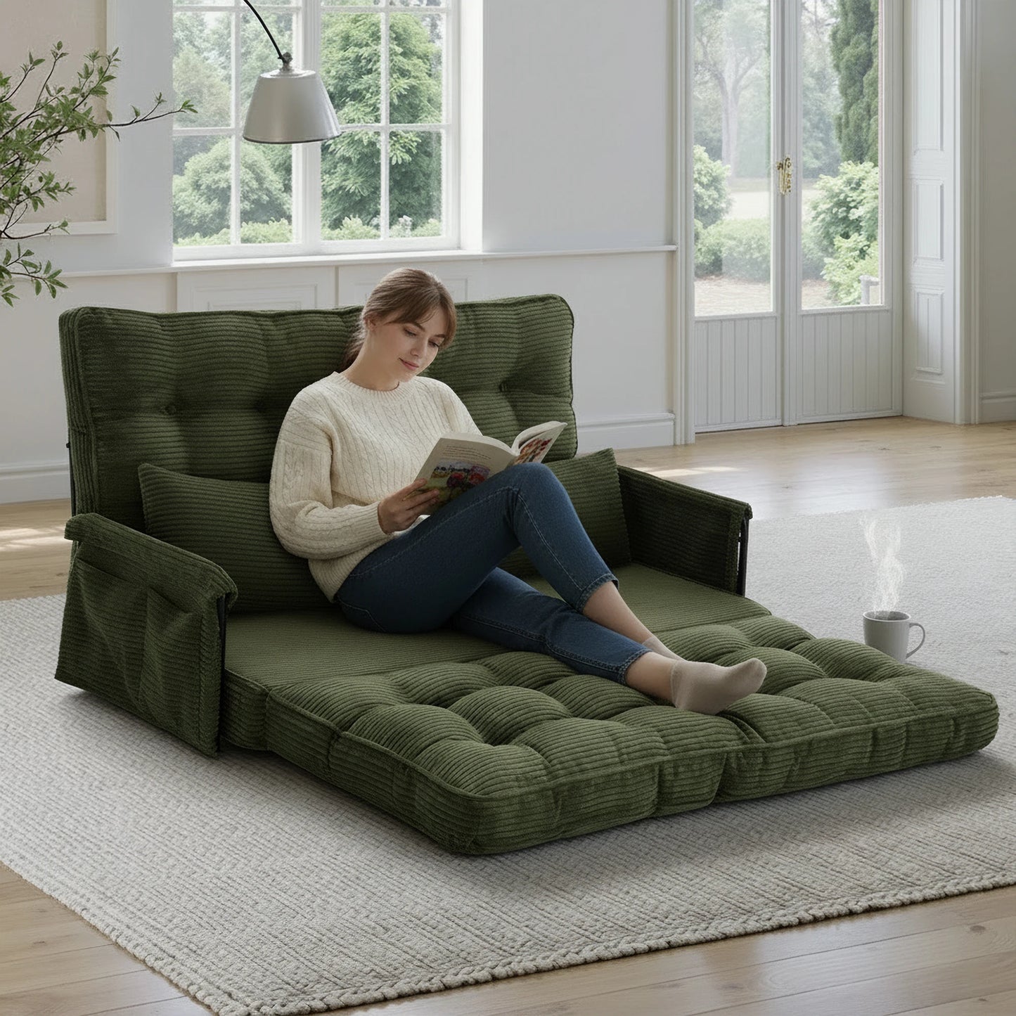 Corduroy Convertible Sofa Bed Foldable Single Couch with Pillows Adjustable Backrest for Small Apartment Bedroom