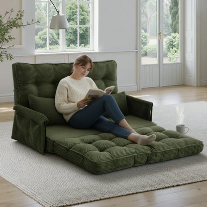Corduroy Convertible Sofa Bed Foldable Single Couch with Pillows Adjustable Backrest for Small Apartment Bedroom