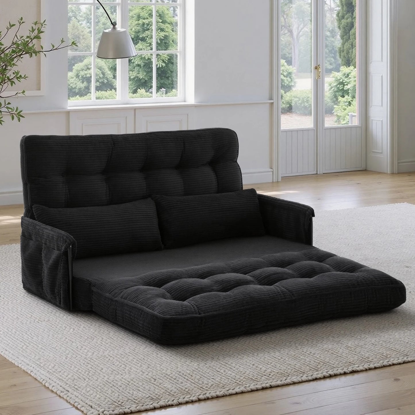 Corduroy Convertible Sofa Bed Foldable Single Couch with Pillows Adjustable Backrest for Small Apartment Bedroom