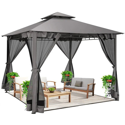 10×10 Gazebo with Cold-Proof Curtains Nettings,Heavy Duty Gazebo Double Roof with Metal Frame,Tents for Patio, Deck,Backyard