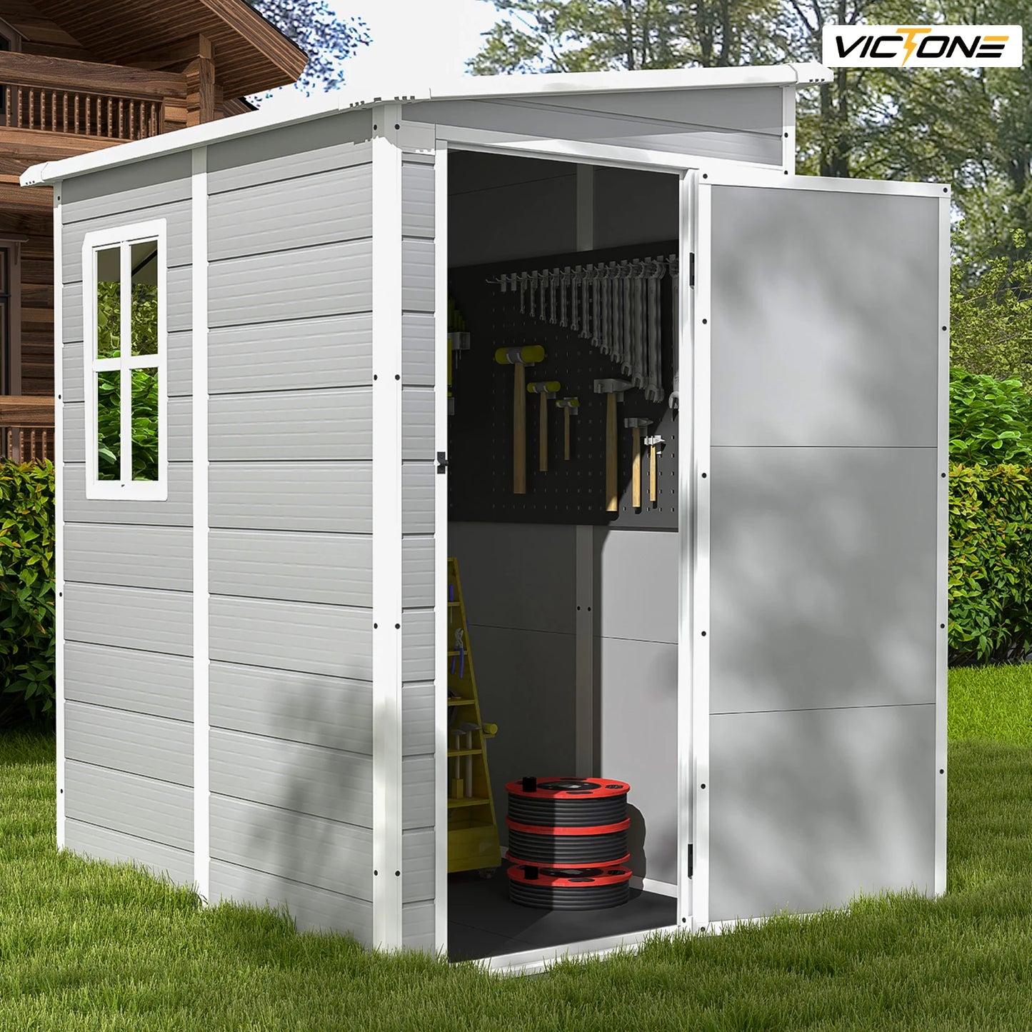 5x4 FT Plastic Outdoor Storage shed With Floor, Resin Storage shed &Lockable & Window Door For Patio Furniture