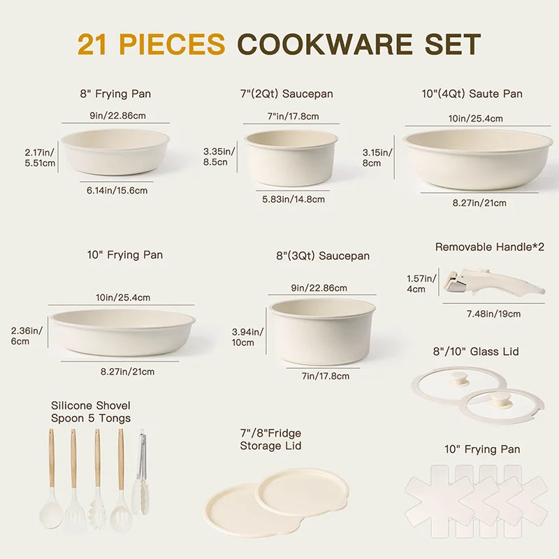 21 Piece Pots and Pans Set Non-Stick, Astercook Ceramic Cookware Set with Sensor Handles, Milky white