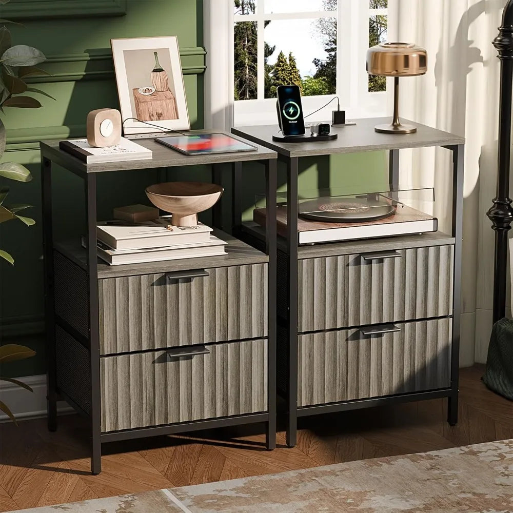 Nightstands Set of 2 with Fabric Drawers, Fluted Nightstands with Charging Station,