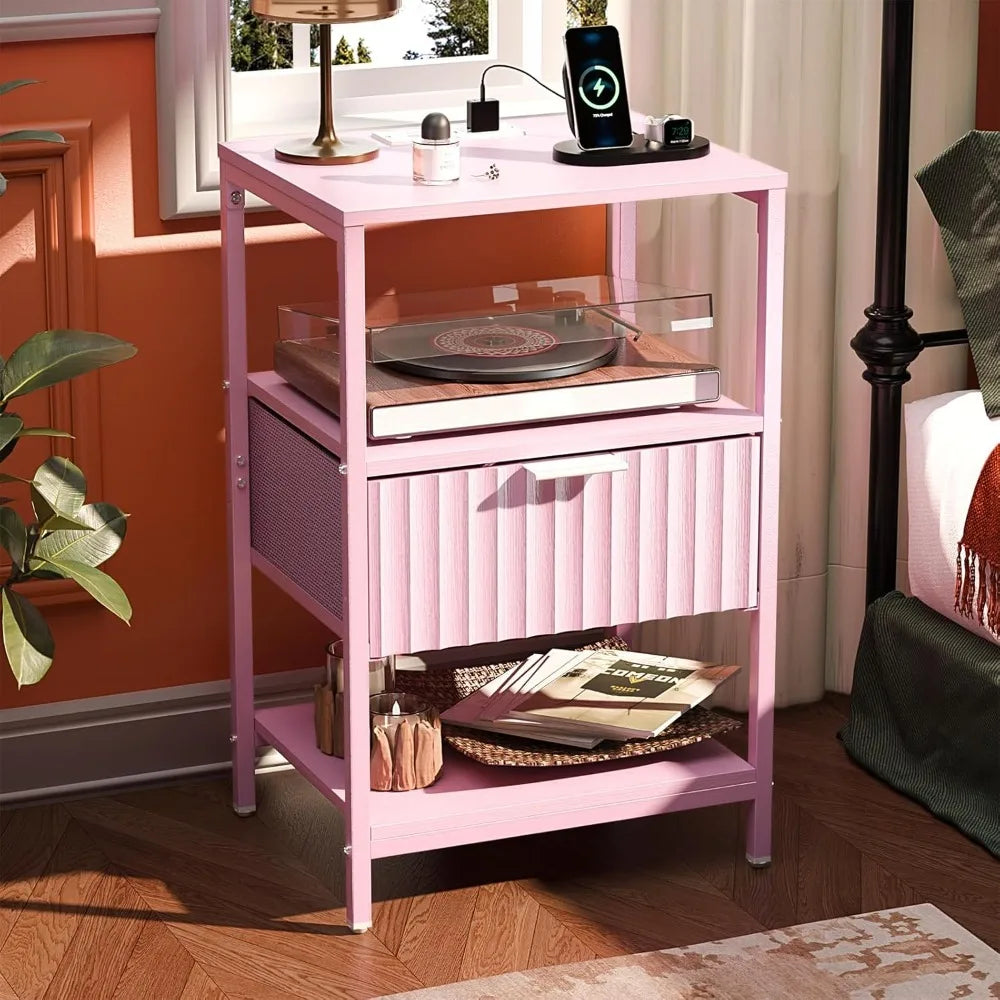Nightstands Set of 2 with Fabric Drawers, Fluted Nightstands with Charging Station,