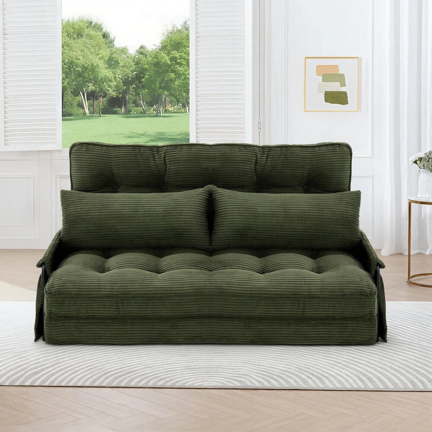 Corduroy Convertible Sofa Bed Foldable Single Couch with Pillows Adjustable Backrest for Small Apartment Bedroom