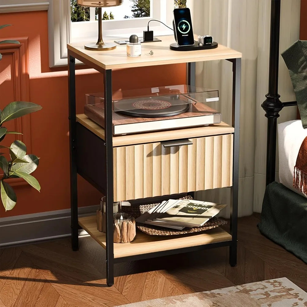 Nightstands Set of 2 with Fabric Drawers, Fluted Nightstands with Charging Station,
