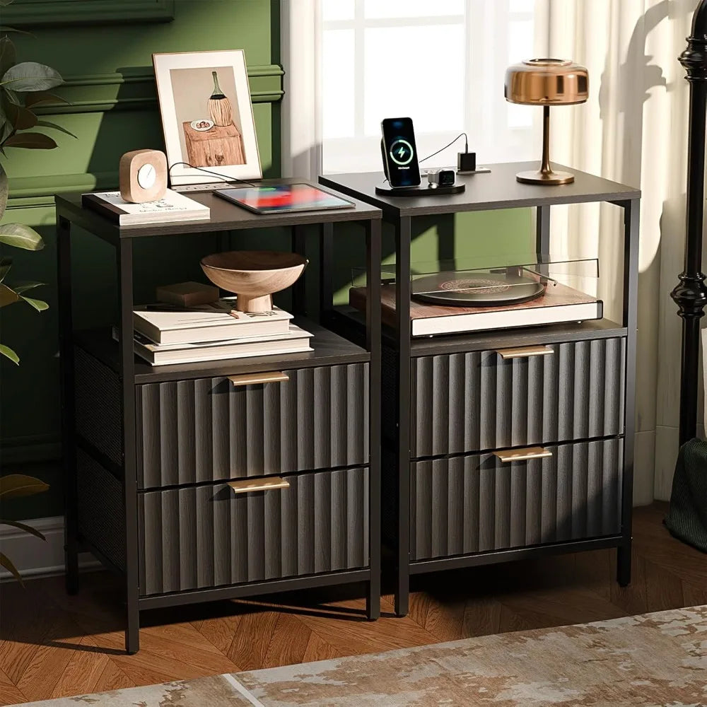 Nightstands Set of 2 with Fabric Drawers, Fluted Nightstands with Charging Station,
