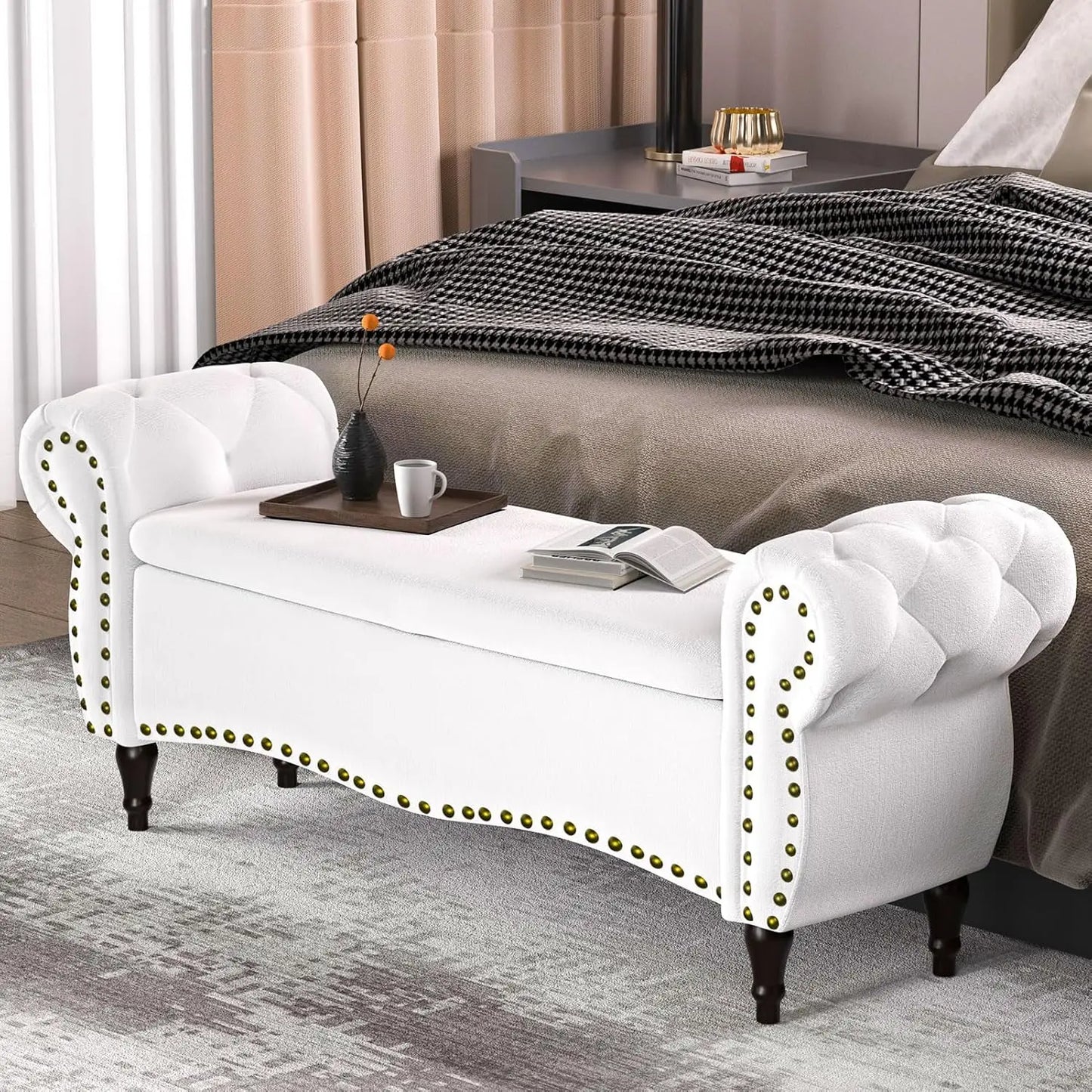 53in Storage Ottoman Bench with Safety Hinge and Nailhead Trim, End of Bed Storage Bench for Bedroom, Living Room,