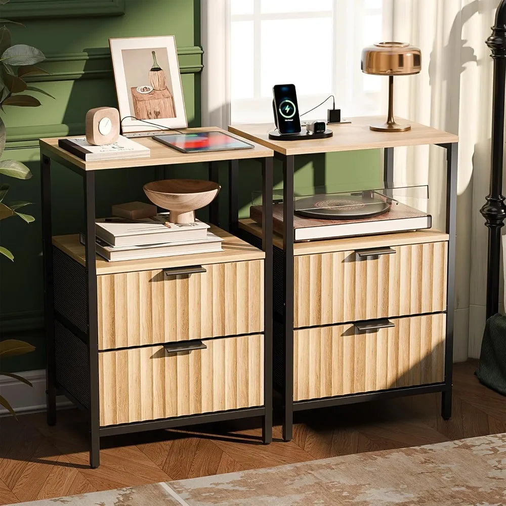 Nightstands Set of 2 with Fabric Drawers, Fluted Nightstands with Charging Station,