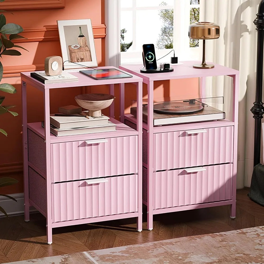 Nightstands Set of 2 with Fabric Drawers, Fluted Nightstands with Charging Station,