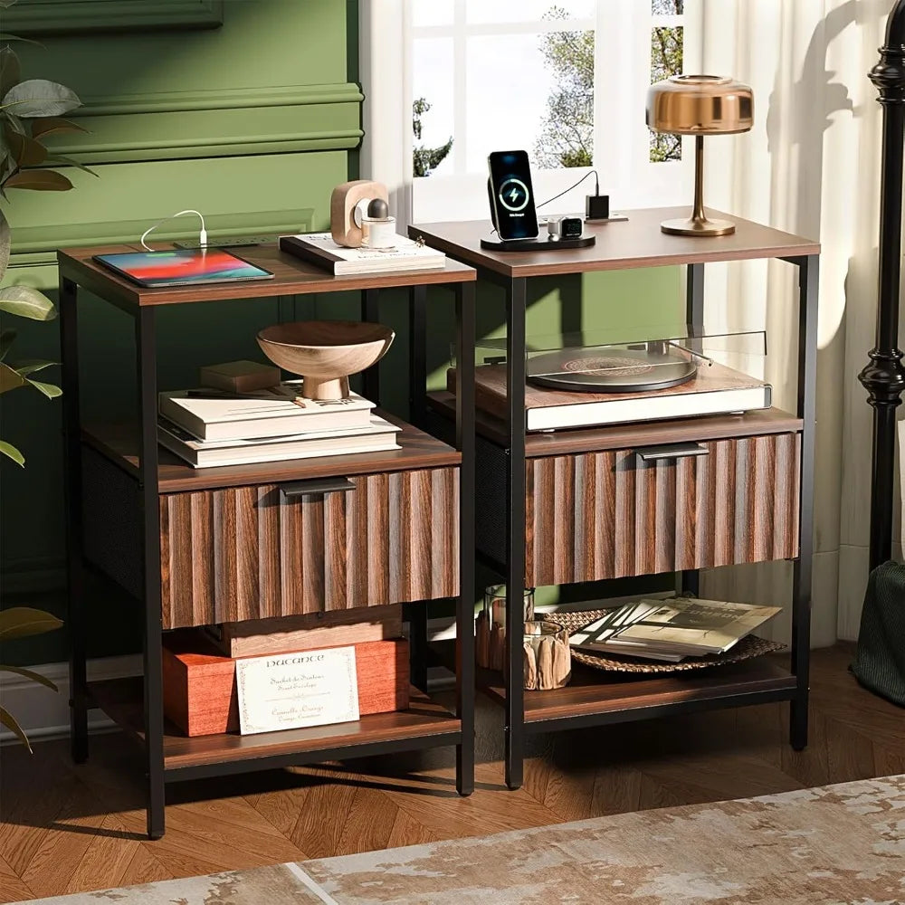 Nightstands Set of 2 with Fabric Drawers, Fluted Nightstands with Charging Station,