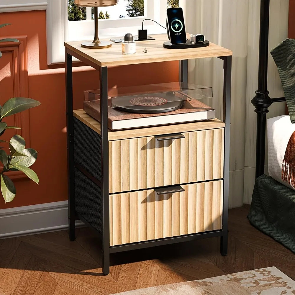 Nightstands Set of 2 with Fabric Drawers, Fluted Nightstands with Charging Station,