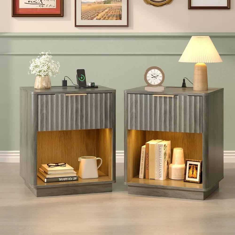 Nightstands Set of 2 with Fabric Drawers, Fluted Nightstands with Charging Station,