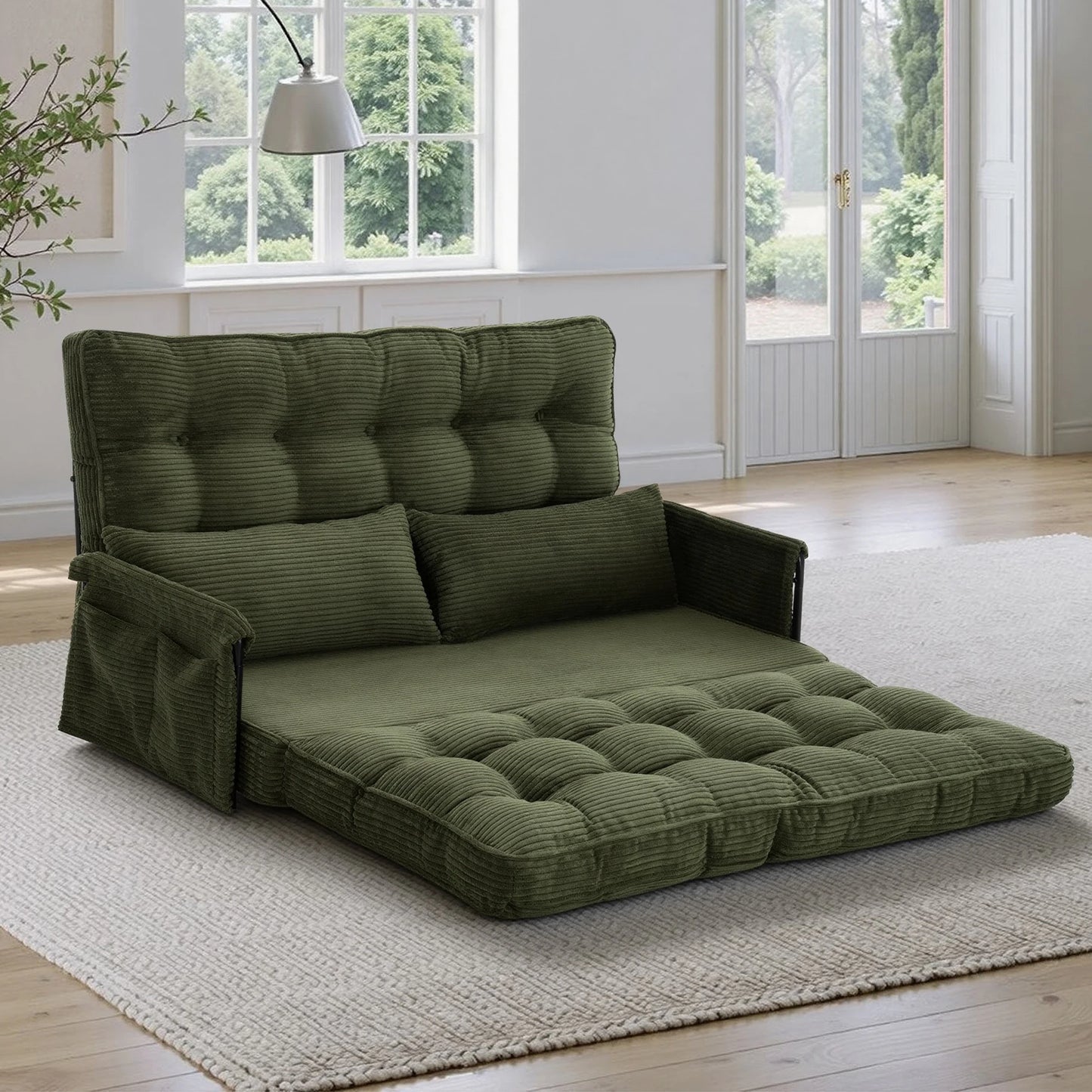 Corduroy Convertible Sofa Bed Foldable Single Couch with Pillows Adjustable Backrest for Small Apartment Bedroom