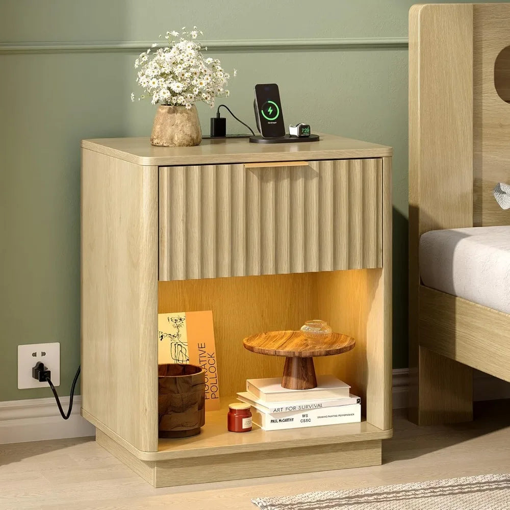 Nightstands Set of 2 with Fabric Drawers, Fluted Nightstands with Charging Station,